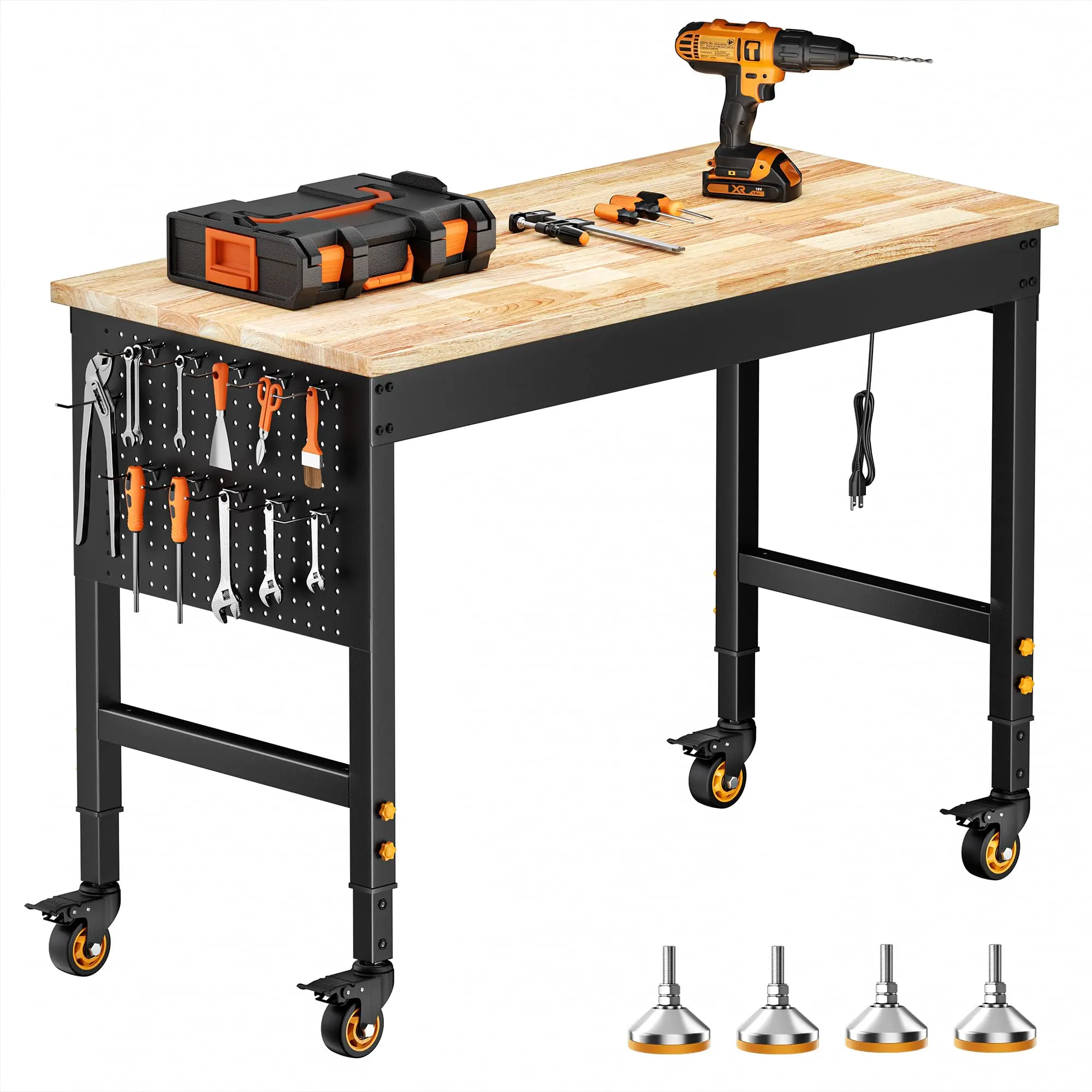 CAMMOO 48" Heavy-Duty Rolling Garage Work Bench with Wheels, Pegboard, Power Outlet, 4 Locking Casters, 4 Leveling Feet, 2000 lb Capacity for Garage & Workshop Use