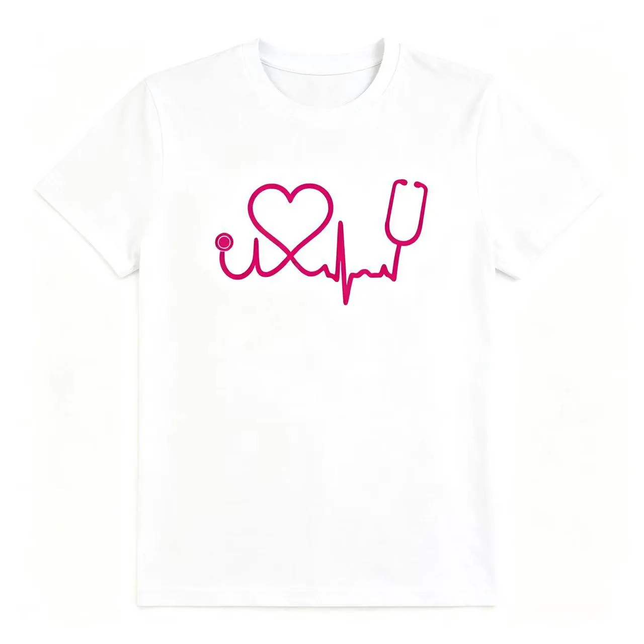 Unisex Fade-Proof Shortsleeve Round Neck Medical Original Graphic Tee - Pink Heart ECG Stethoscope Single Line Art Top for Nurses (No Box Included)