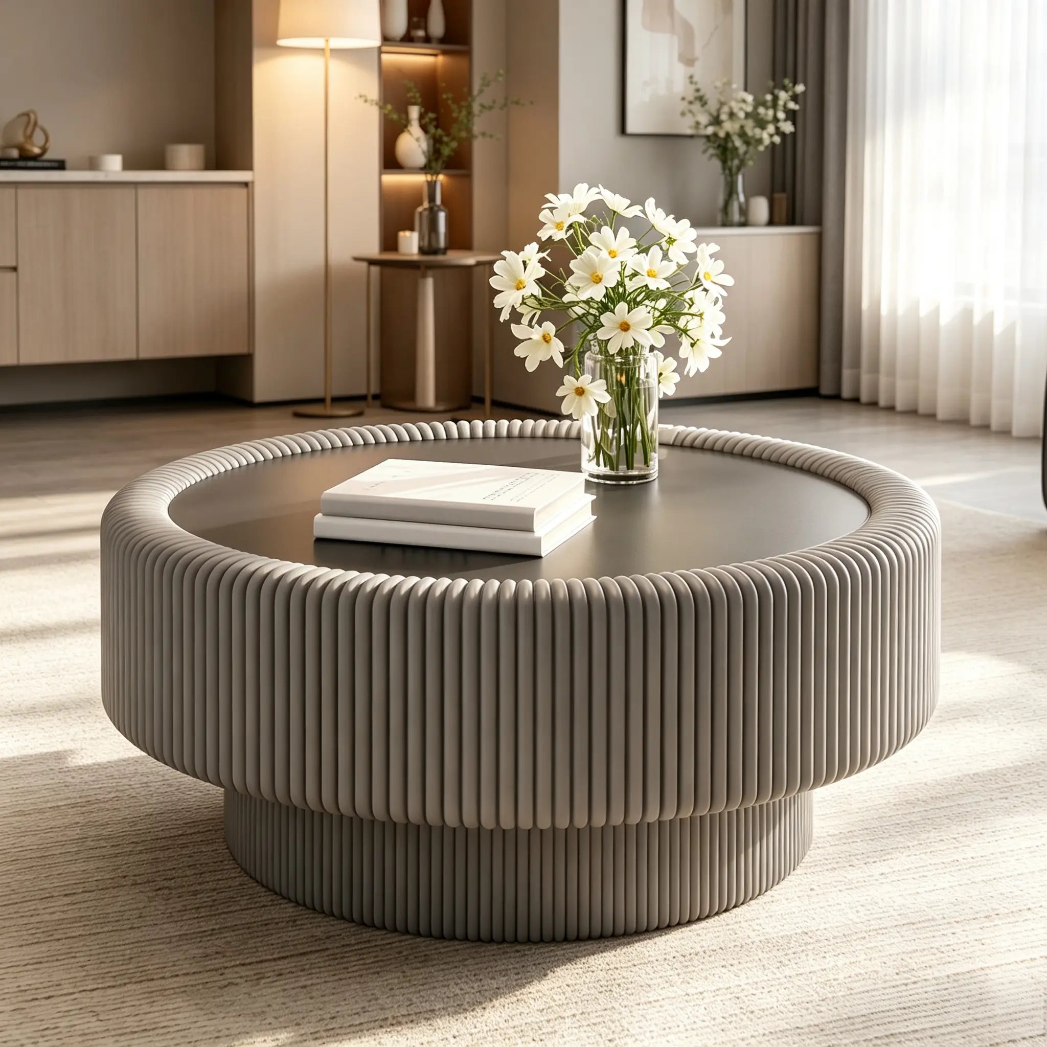 Fluted Round Coffee Table with Tempered Glass Top - Premium Leather-Wrapped Modern Living Room Centerpiece, Hidden Storage, Minimalist Design, Scratch-Resistant, Easy-Clean, Space-Saving, Anti-Slip Pads, Easy Setup Indoor Leather+Glass Furniture