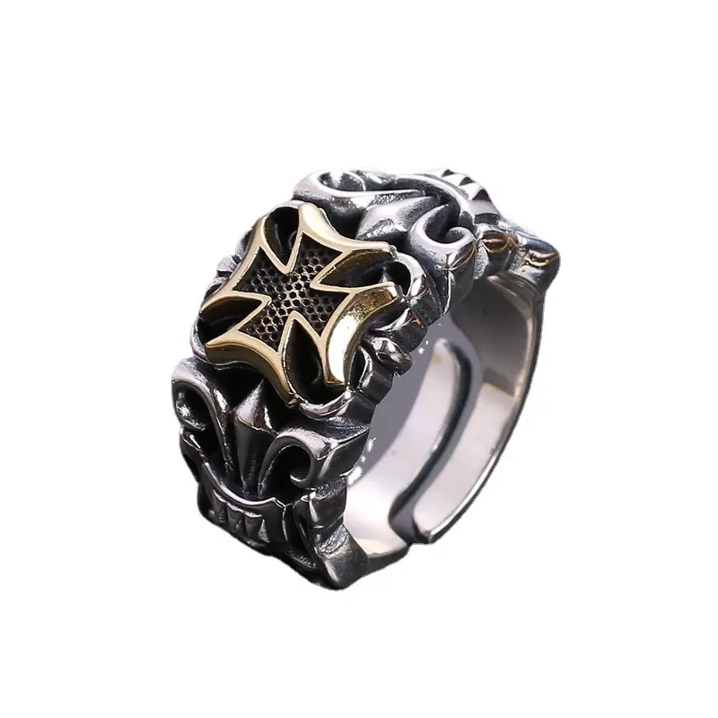 Fashionable retro golden cross ring with open mouth and adjustable personality