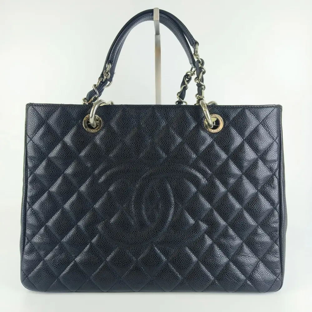 Pre-owned CHANEL GST Grand Shopping Tote, Black Caviar Leather, Silver Hardware【1014】