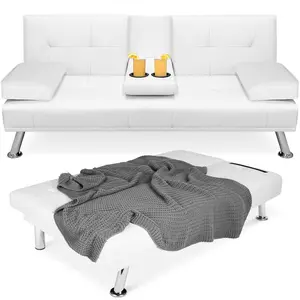 Best Choice Products Modern Faux Leather Convertible Futon Sofa w/ Removable Armrests, 2 Cupholders