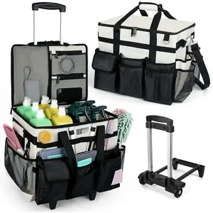 Large Rolling Cleaning  Bag with Wheels, with Detachable Trolley, Cleaning Bags on Wheels for Housekeepers, Cleaning Cart Supplies Organizer for , , Picnic (Beige)