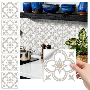 24PCS FHZ Classic Art Tile Light Brown-White Geometric Star Wall Stickers | PET Matte | Peel & Stick Removable Waterproof Oil-Proof Self Adhesive Film for Kitchen Backsplash Bathroom Bedroom Office School Decor