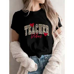 100% cotton women's short-sleeve T-shirt - leopard print heart & teacher letter design casual round-neck top, a gift for female teachers, comfortable clothing suitable for wearing