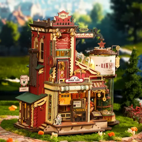 ROKR EAB01 Wooden Building Set - DIY Model Kit with Lights & Motion, Interlocking Structure, 3D Electronic Music Box, Moving Conveyor Belts, Rotating Packaging Station, Creative Play Christmas Present for Kids