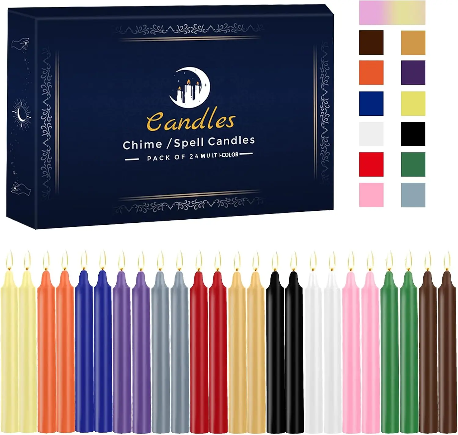 24 Pack Assorted Color Spell Chime Candles – Premium Mini Unscented Taper Candles for Rituals, Prayer, Birthdays, Meditation, Altar, Spells, Chime Candles - 4 Inch Tall - Ideal for Witches