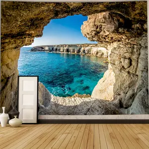Mountain Cave Seaside Backdrop Natural Landscape Backdrop Bohemian Scenery Background Cloth Scenic Tapestry Wall Hanging Photography Background Polyester Fiber Living Room Bedroom Home Decor Studio Prop Wall Art