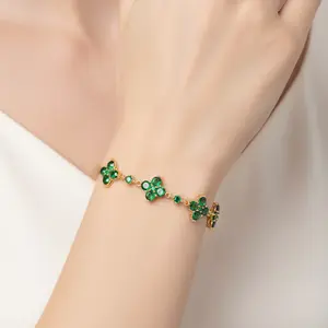Seven Spring Gold/Silver Plated Green Zircon lucky clover Bracelets 5A Crystal Clover Adjustable Chain Dainty Jewelry for Women Couples skin-friendly design gifts  girlfriend