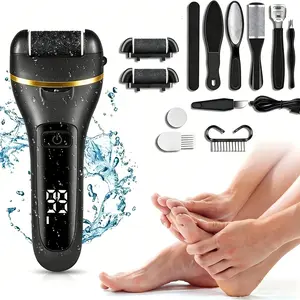 Electric Foot Exfoliation Tool Set, Rechargeable Nail Care Kit, 3 Rollers, 2 Speeds, Battery Display, Removes Dry Heels, Calluses, Dead Skin