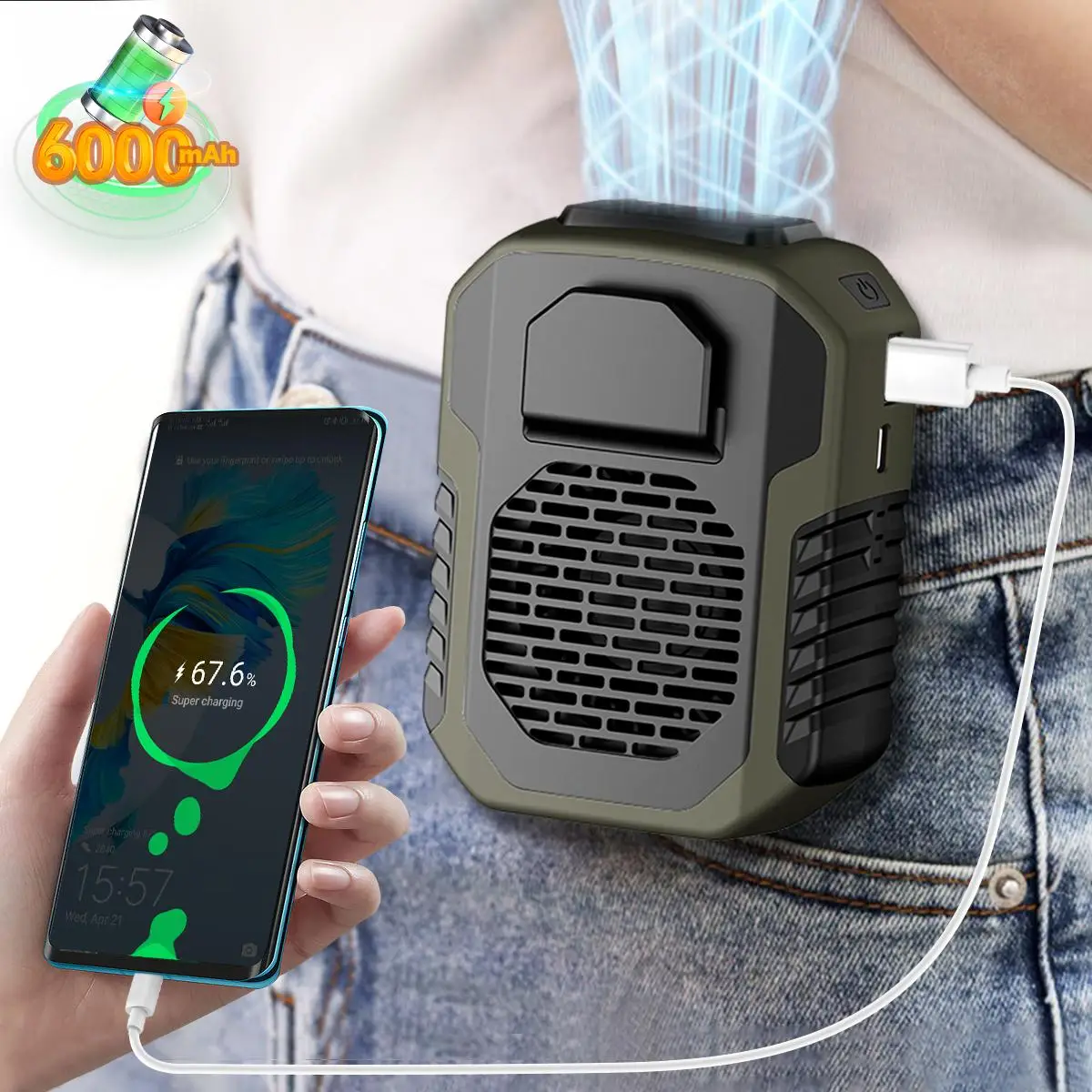 Hanging Waist Fan with Large Capacity Battery for Long-lasting Use, Three-speed Wind Control, Type-C Charging, and USB Reverse Output for Emergency Ch
