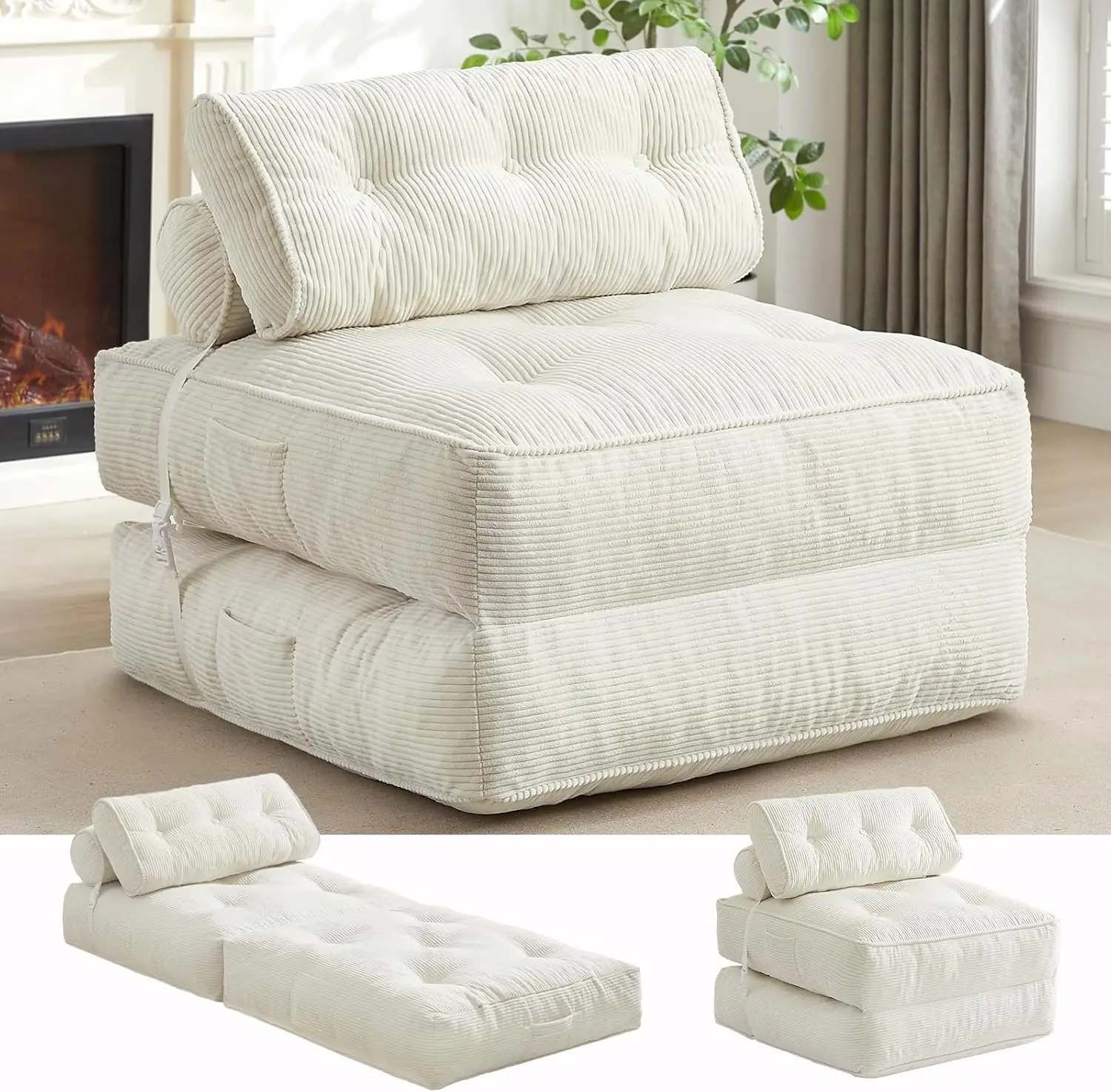 【FallDealsForYou】ONBRILL Folding Couch Sofa Bed,Convertible Sleeper Chair for Adults, Corduroy Portable 4 in 1 Fold Out Chair to Floor Lounger, Couche