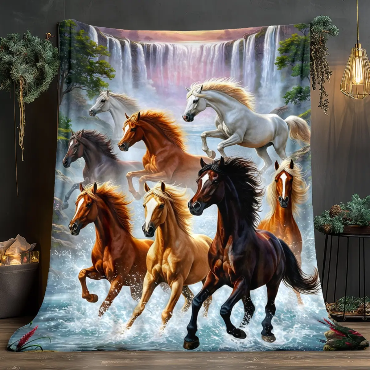 1pc Galloping Horses Waterfall Blanket - Brown/Black/White/Gray/Beige Equestrian Design, Lightweight 280gsm Soft Flannel All-Season Bedspread for Sofa, Bed, Travel, Camping - Horse Lovers Home Decor with Galloping Horse Print, Digital Printed Jacquar, Equ