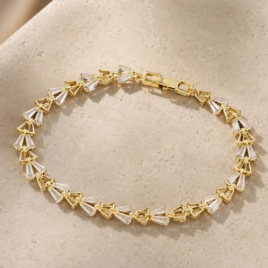 14K Gold-Plated Geometric CZ Station Bracelet, 19 cm