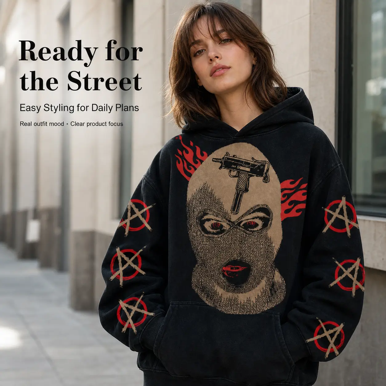 Women's Vintage Washed Polyester Cropped Hoodie - Unisex Loose Drawstring Pullover, Long Sleeve Print Design With Flame Symbol Graphic, Adjustable Drawstring, Kangaroo Pocket, Plus Size S-6XL Winter Streetwear