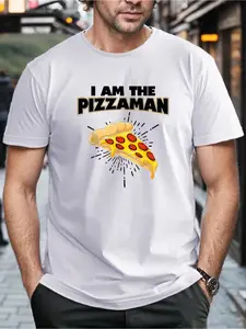 Men'S Pizza Print T-Shirt, Casual Street Style Stretchy Crew Neck T-Shirt for Men, Men'S Apparel