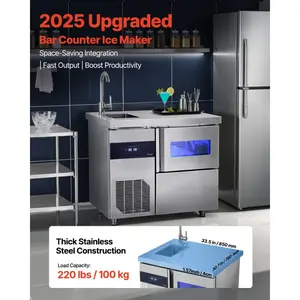 VEVOR Commercial Ice Maker Machine, 132 lbs/24H Stainless Steel Worktop Ice Machine with Sink, 30 lbs Storage 70 Cubes/Cycle, Self-Cleaning Freestanding Ice-Making for Home Bar Restaurant Kitchen