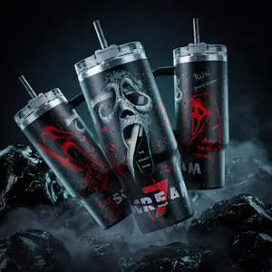 SCREAM 7 Ghostface "The Legacy Ends" Horror Movie Graphic Sayal 40 oz Vacuum Insulated Cup Straw Keeps Drinks Hot Cold 12H+ For Horror Lovers & Aesthetic Vibes Slasher Style Splash-Proof 18/8 Stainless Steel Comfort Handle Mug For Fans