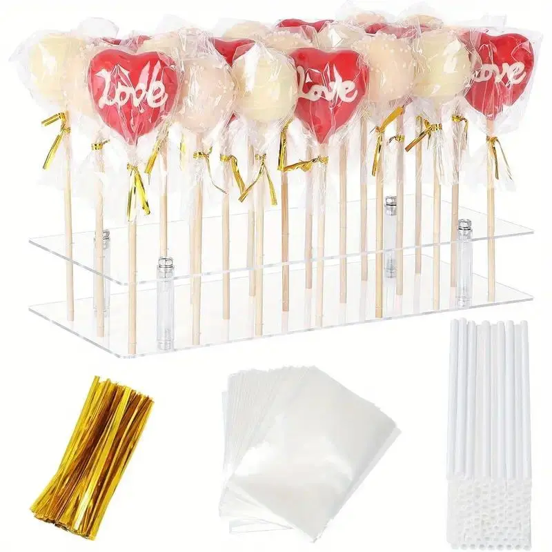 Cake Pop Stand with Sticks Kit, 21 Holes Lollipop Display Stand, Acrylic Cake Pop Display Holder, Lollipop Holder with 100pcs Sticks, 100pcs Clear Wrappers, 100pcs Golden Twist Ties