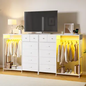 6-Drawer Fabric Dresser with LED Lights & Charging Station – Open Wardrobe, Hanging Rack, Sturdy Storage Chest for Bedroom, Living Room, Kids or Girls Room