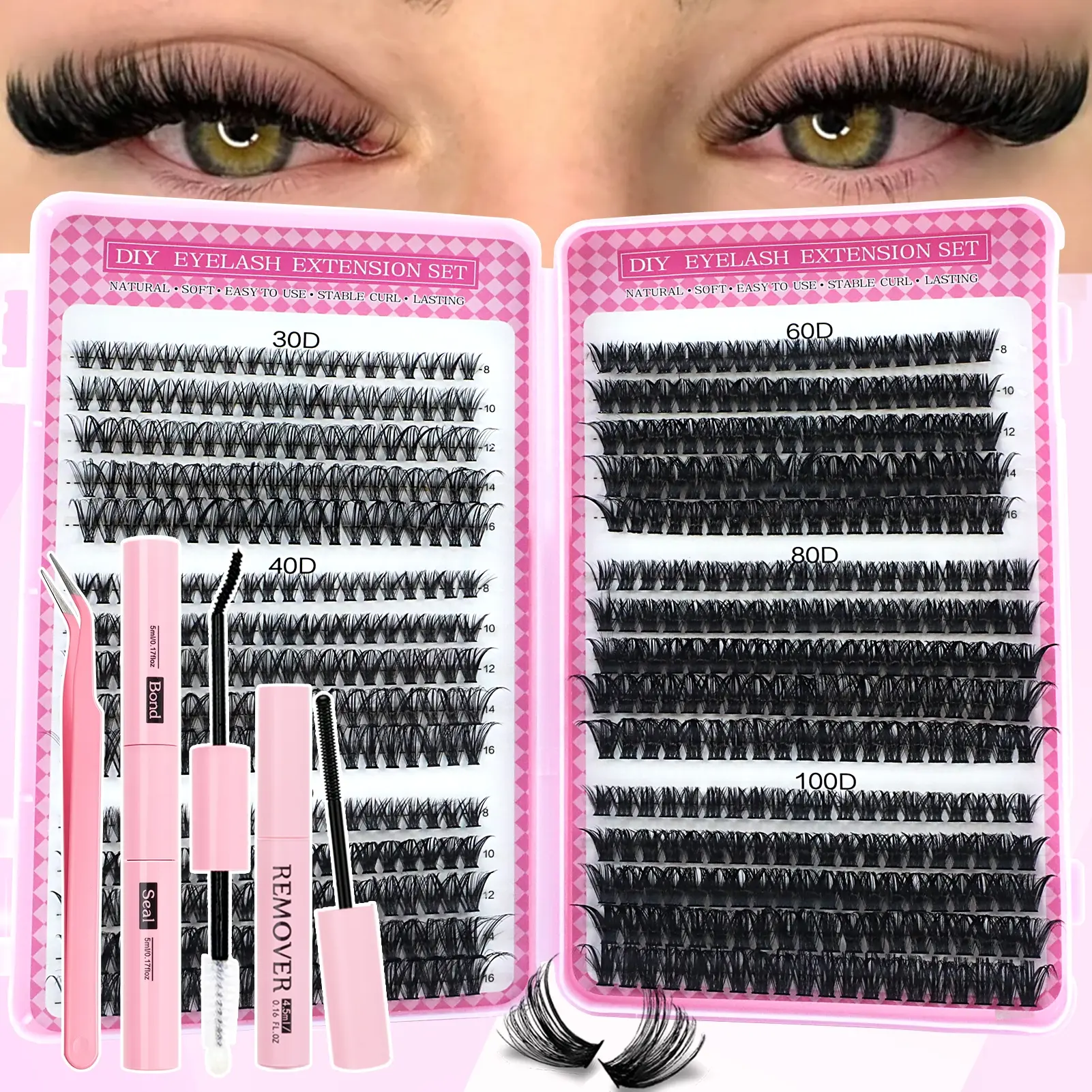 600 Piece False Eyelash Extension Kit, Diy Eyelashes Kit, Diy Personal Lashes, High Capacity D Curl Lashes, Includes Adhesive & Sealant, DIY Lash Extensions for Daily Use, Parties, Travel