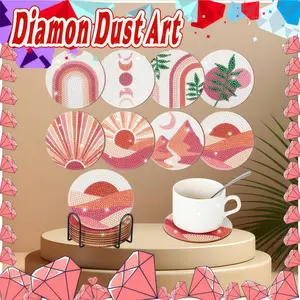 Diamond Dust Art Pastel-Colored Landscape  Pattern DIY Diamond Art  Painting Coasters, 8 Counts  Wooden Round Table Decorative  Cup Mats with Stand for Home,  Kitchen and Coffee Shop  #GLOBAL PICKS