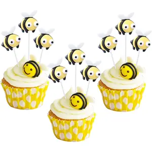 24Pcs Bumble Bee Cupcake Toppers – Cute Bee Figurine Picks for Bee-Themed Party, Kids' Birthday, Baby Shower, and Celebration Decorations