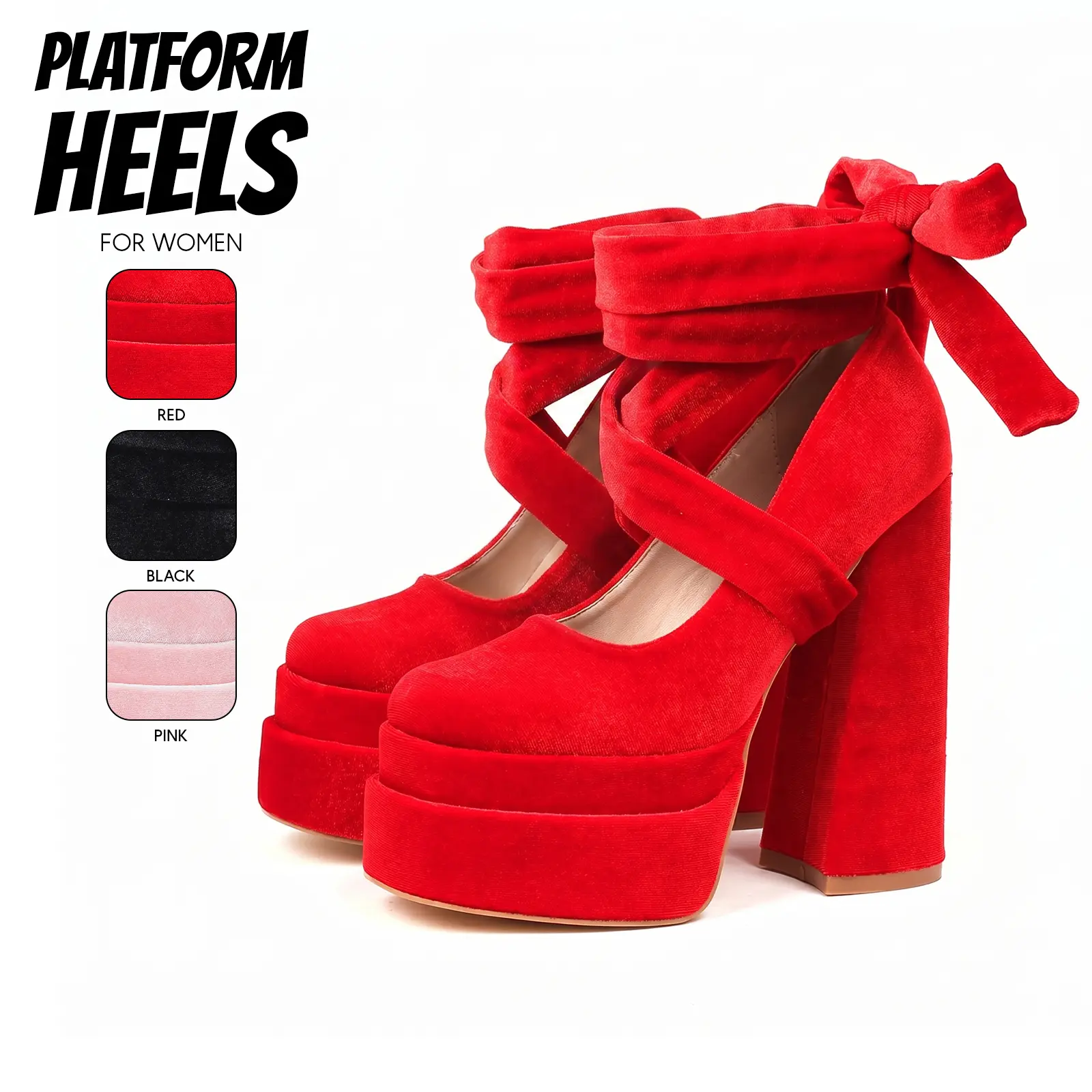 Platform Heels For Women Round Toe Ankle Strap Chunky Block High Heel Gifts for her Velvet Bow Party Dress Evening Date Strappy Mary Janes Pumps Girl Shoes