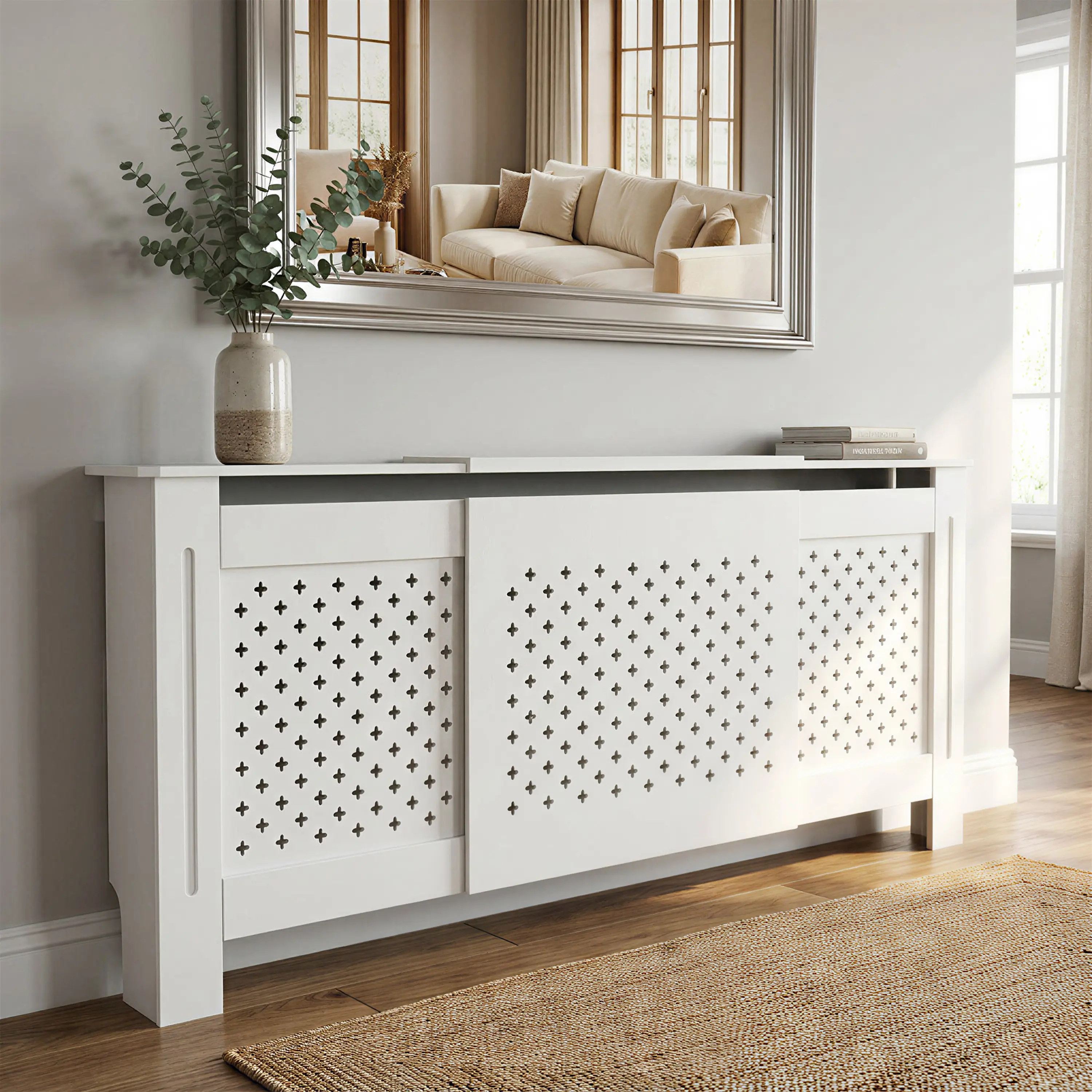 MDF Radiator Cover Cabinet - Adjustable-Width Decorative Perforated Panel Heater Enclosure with Multi-Functional Top Display Shelf, Easy Assembly Indoor Furniture