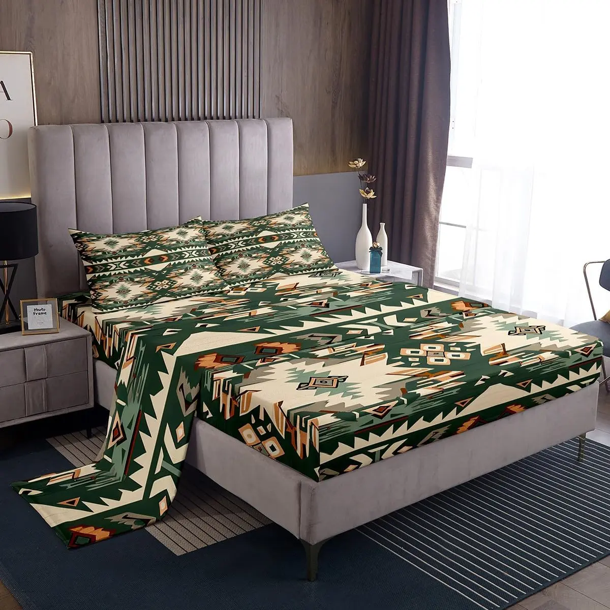Green Southwestern Bed Sheets Set,Geometric Sheet Set,Tribal Native American Indian Design Vinatge Vinatge Sheets with Deep Pocket Fitted Sheet