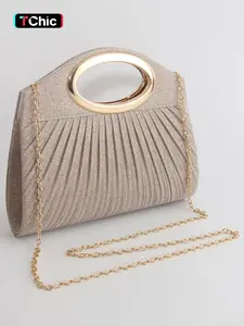 Women's Evening Clutch Handbag, Evening Bag, Fashionable Versatile Purse, Metal Ring Handle Tote with Pleated Surface Design, Dual Magnetic Closure, Versatile Chain Shoulder Strap for Crossbody Wear, Suitable for Weddings, Parties