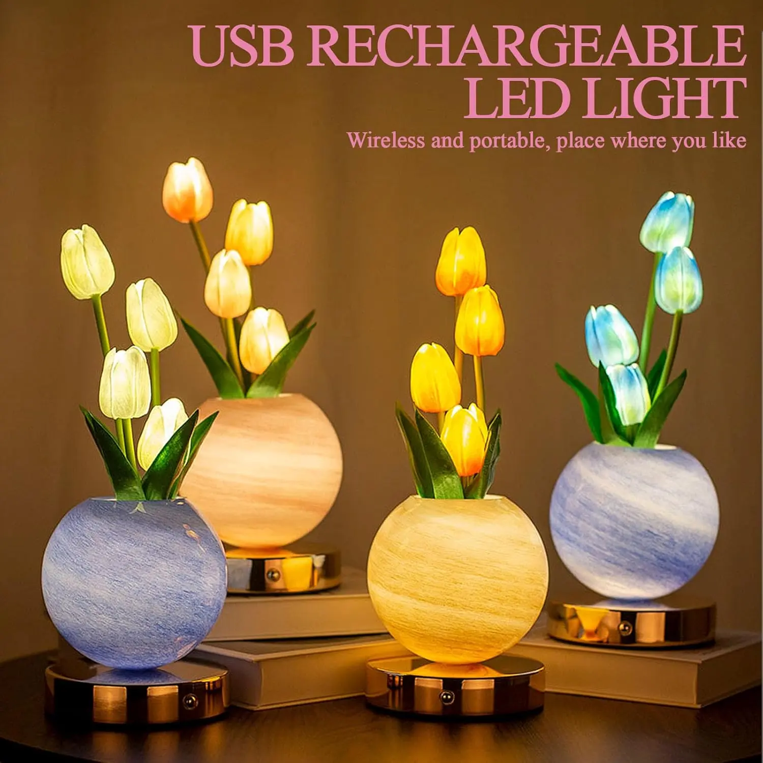 2026 Tulip Table Lamp,Rechargeable Cordless Touch Dimming Artificial Tulip Flower Desk Lamp,LED Flower Bedside Night Light Romantic Gifts for Girl Women Mom (Pink)