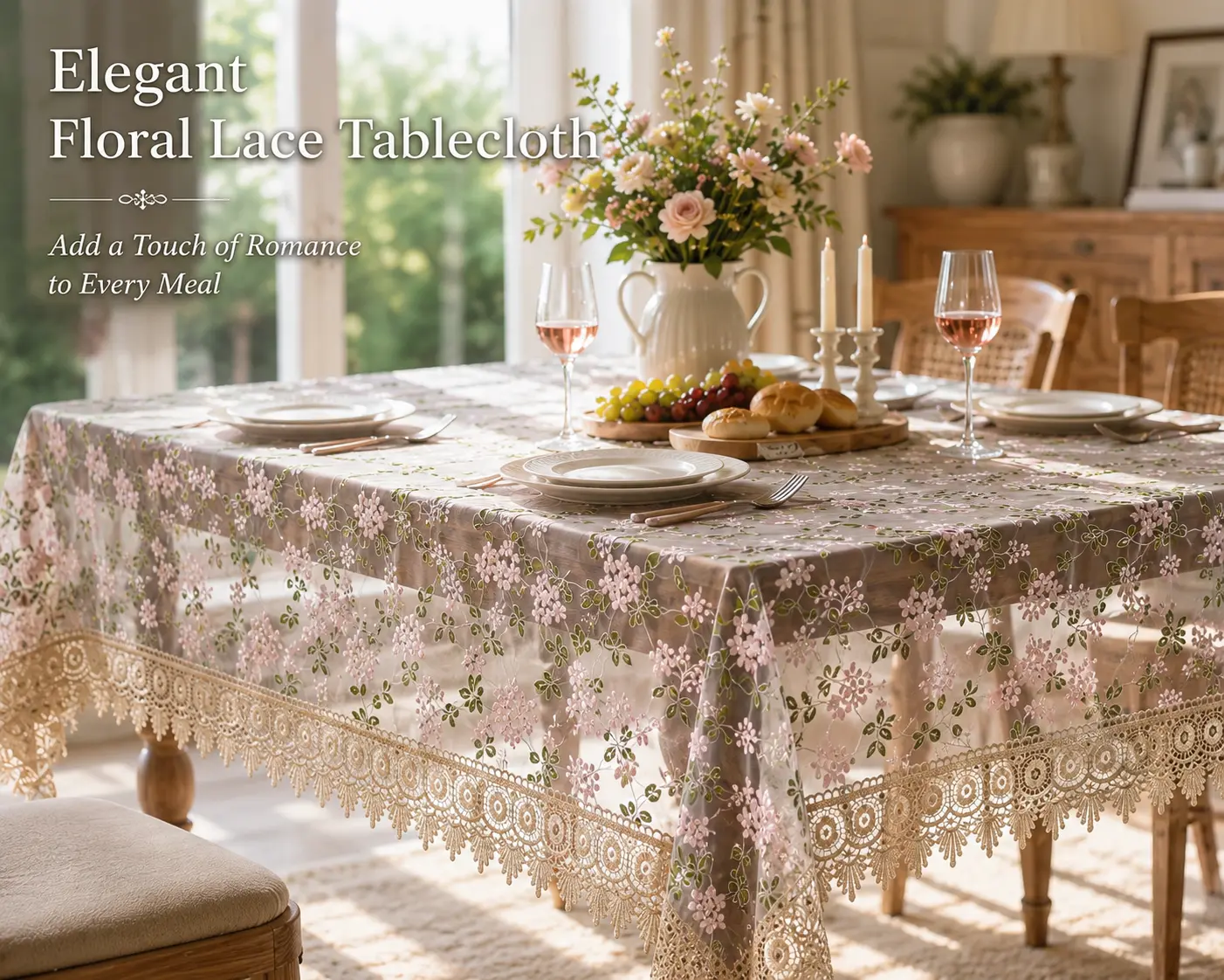 Floral Embroidered Lace Tablecloth for Rectangle Tables, Sheer Vintage Table Cover with Lace Trim, Elegant Farmhouse Dining Table Decor for Kitchen, Wedding, Party & Holiday
