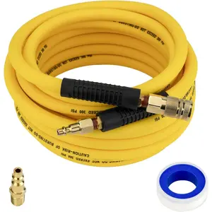 3/8" x 25 FT Hybrid Air Hose, 300PSI Air Compressor Hose with 1/4'' Brass Male Fittings, Bend Restrictor, Quick Coupler and I/M Plug