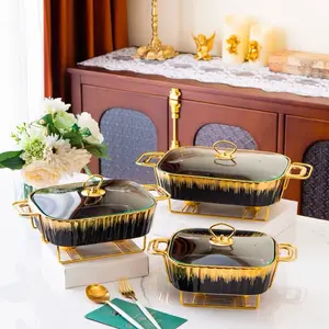 Modern Rectangular Golden Ceramic Induction Cookware Set with Baking Pan Rack for Home & Hotel Use Creative Iron Tableware Pots with Handle Dining Experience Elegant Dish