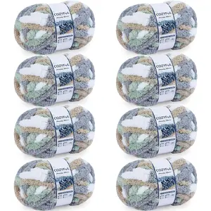 Chunky Yarn for Hand Knitting - #10 Chunky Chenille Blanket Yarn, Jumbo Thick Chunky Yarns for Crocheting, Tie Dye Bulky Knit Yarns, 8 Skein (25 yds 8 oz Each), Cream&Sage&Grey&Khaki