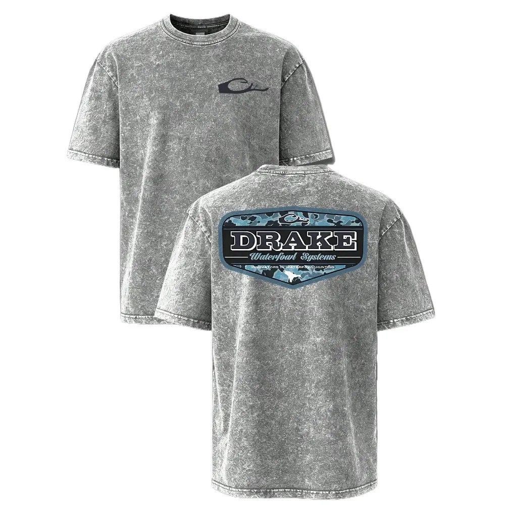 Drake Waterfowl Vintage Washed T-Shirt – Oversized Blue Camo Duck Hunting Graphic Tee for Men, Southern Outdoor Shirt, Gift for Waterfowl Hunters