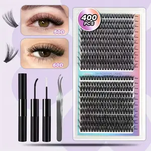 400pcs Lash Clusters 50D/60D Mixed Individual Lash Extensions Soft Lightweight Reusable DIY Eyelash Extensions Thickness 0.07mm C Curl False Eyelashes 10-16mm Mix with Bond Seal Tweezers Beginner Friendly Perfect Makeup Gift