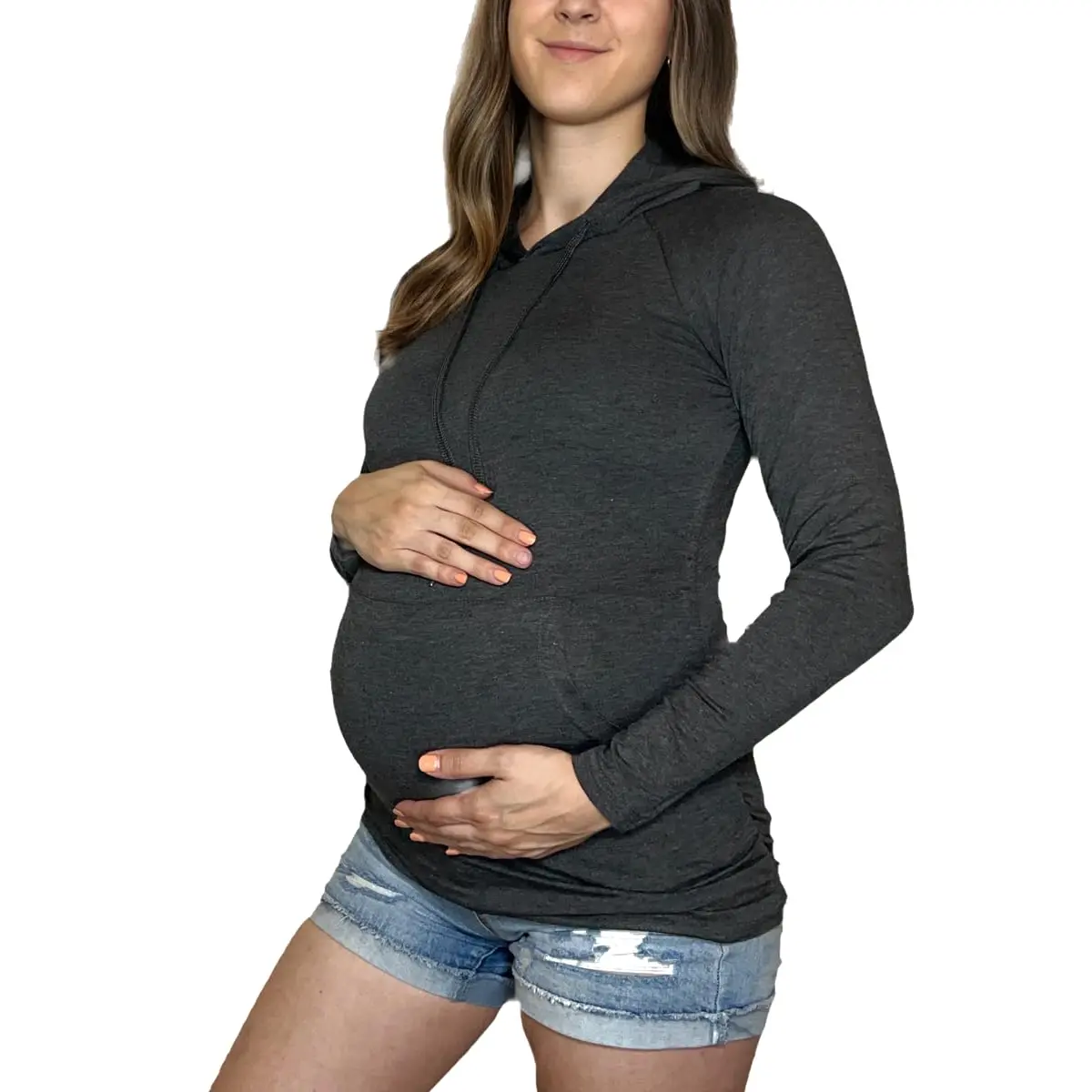 MISS POPULAR Womens Maternity Hoodie Ruched Side Long Sleeve Front Pocket Cozy Pregnancy Layering Sweatshirt