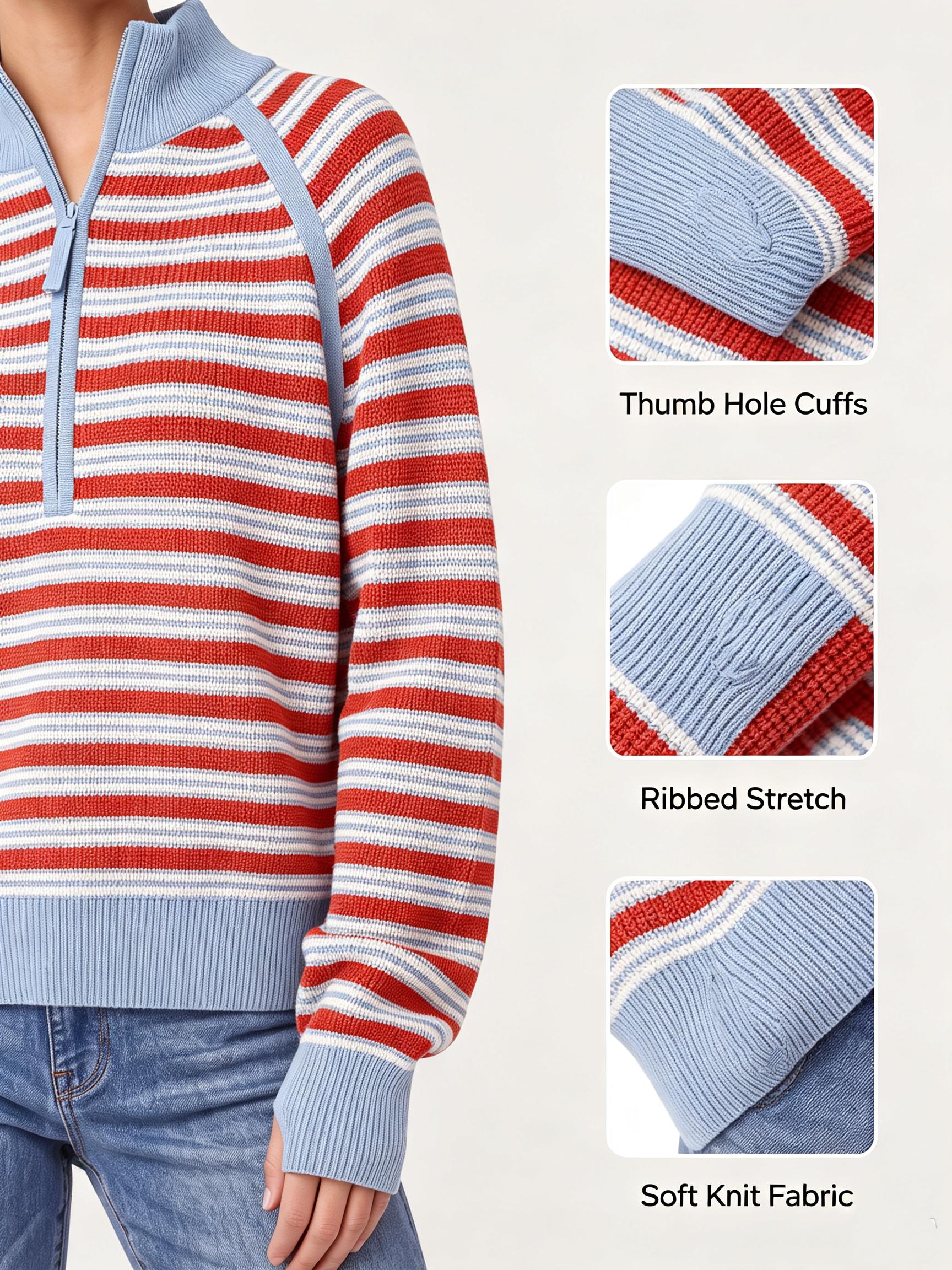 Wodubu Women's Knitwear Sweaters - Half-Zip Striped Ribbed Knit Tops, Long Sleeves, Casual Oversized Fit, Style Options: Mock Neck, V-Neck, 2026 Fall Winter Clothes