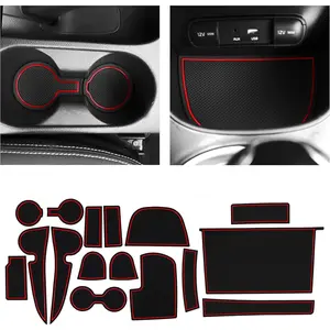 fits Kia Soul Accessories 2014-2019 Premium Custom Interior Non-Slip Anti Dust Cup Holder Inserts, Center Console Liner Mats, Door Pocket Liners 16pc Set (Red Trim)