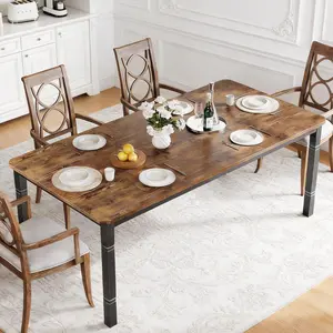 79" Industrial Dining Table with Chamfer Corner Kitchen Table with Heavy Duty Metal Legs for Dining Room, Kitchen, Living Room, Easy Assembly-Retro Brown