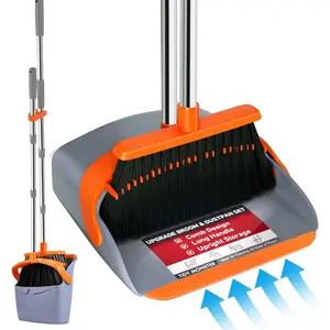 Upgraded Broom and Dustpan Set, 52 Inch Long Handle Standing Cleaning Combo with Self-Cleaning Teeth Design, Ideal for Pet Hair Removal, Household Daily Cleaning, Suitable for Kitchen, Office, Indoor and Outdoor Use, Orange and Gray Color
