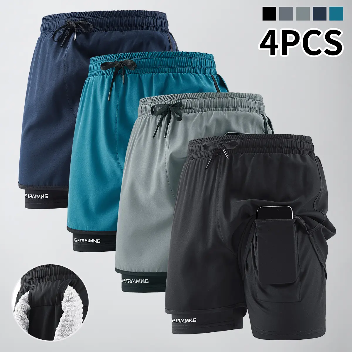 4 Menswear Casual Simple Style Comfort Shorts, Letter Printed Pockets and Drawstring, Summer Outdoor Fitness Clothing, Quick Drying Comfort Shorts, Casual Zip Pockets Slightly Stretch Elastic Waist Drawstring Shorts