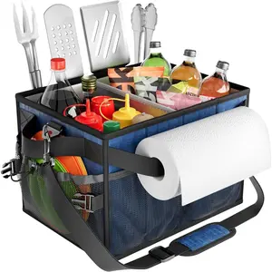 Large Grill and Picnic Caddy with Paper Towel Holder, BBQ Organizer for Utensils, Plates, Condiments, Collapsible & Easy Carry Griddle Caddy, Essentials for Outdoor, Camping, Travel, Car, RV