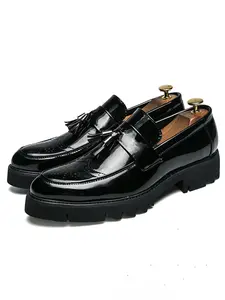 Shiny Leather Fringe Loafers, British Style Thick Sole Business Men's Shoes, Walking Shoes, Option, Casual Spring & Fall Footwear
