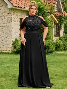 MISSMAY P25636A Plus Curvy Halter Neck Sequin Floral Lace Cutout Shoulder Cape Sleeve Contrast Chiffon Pleated Hem Formal Party Dress Prom Wedding Guest Gown, For Valentine, Graduation, Dinner