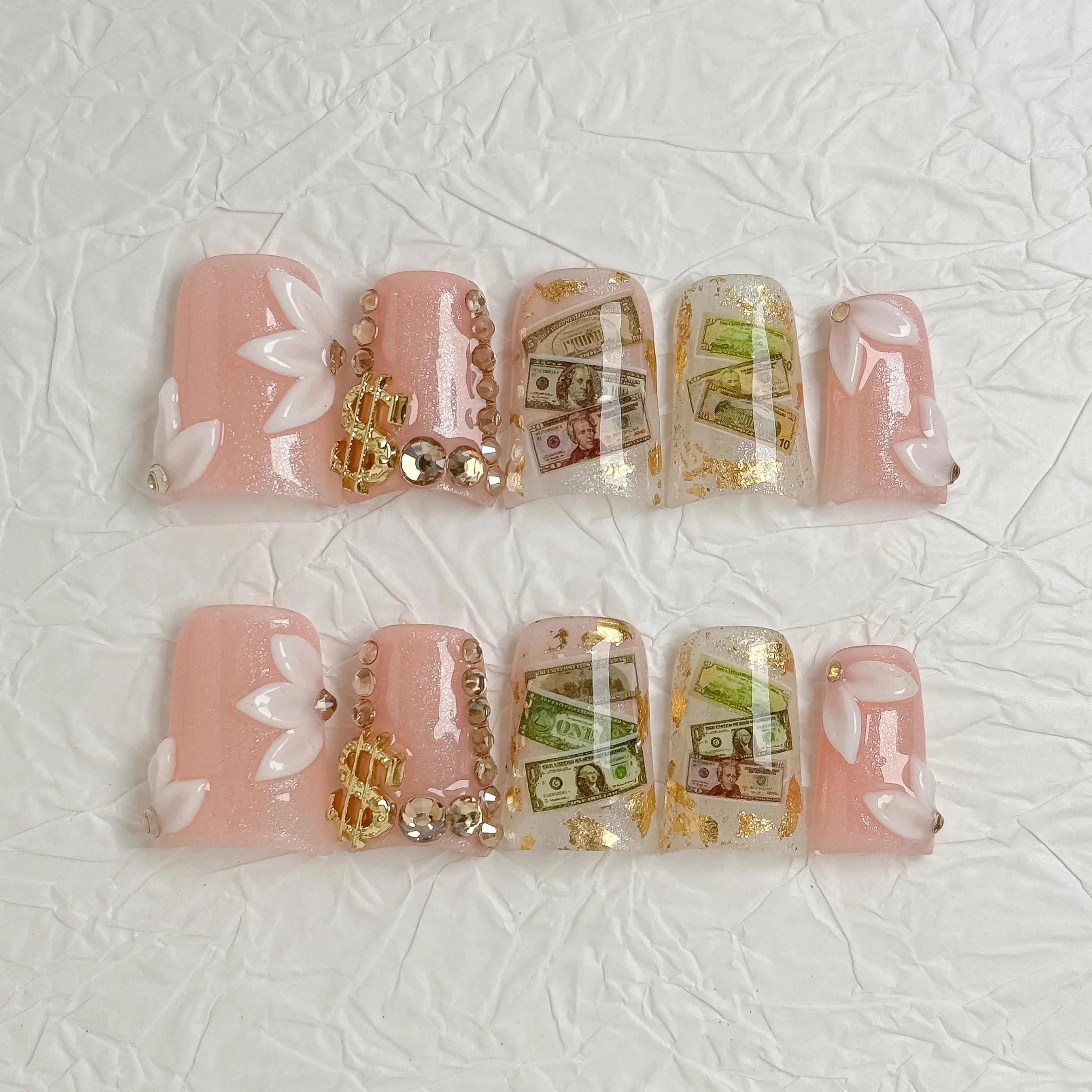 Nail Luna Handmade Press-on Nails, Luxury Pink Glitter & Dollar Sign Custom Design, 3D Floral Wealthy Girl Aesthetic, Reusable with Reusability Feature, Nail Art