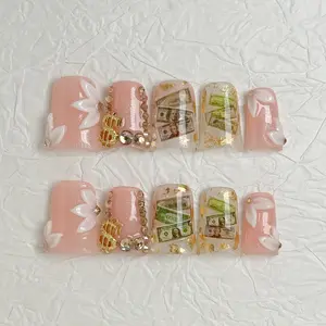 Nail Luna Handmade Press-on Nails, Luxury Pink Glitter & Dollar Sign Custom Design, 3D Floral Wealthy Girl Aesthetic, Reusable with Reusability Feature