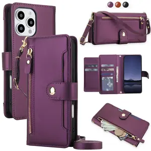 Crossbody PU Faux Leather Wallet Case Suitable For iPhone 17 Air 16E 16 15 14 Plus 13 12 Mini 11 Pro X XS Max XR 8 7 Plus SE 5G 2022 2020 SE3 SE2, Kickstand Zipper Mobile Phone Bag With Wrist Strap Cover, Protective Phone Pouch